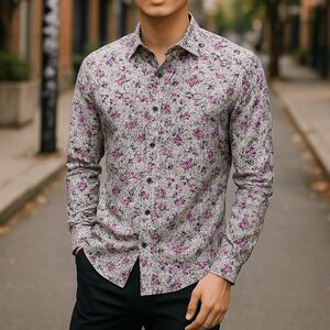 Barabas Printed Button Down Short Sz Large Floral Print White Blk Purple